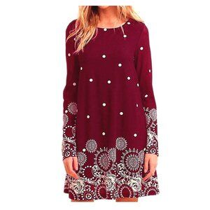 Size Large DARK RED MIXED PRINT SHIFT SWING DRESS Fall Day/Evening Party Wedding